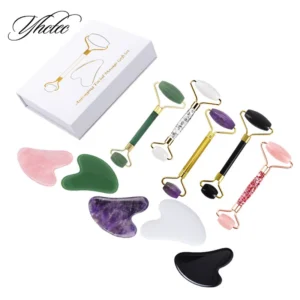 Jade Roller Facial Massager Gouache Scraper Rose Quartz Guasha Board Face Lifting Relax Beauty Set
