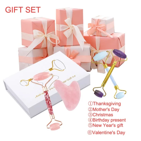 Jade Roller Facial Massager Gouache Scraper Rose Quartz Guasha Board Face Lifting Relax Beauty Set